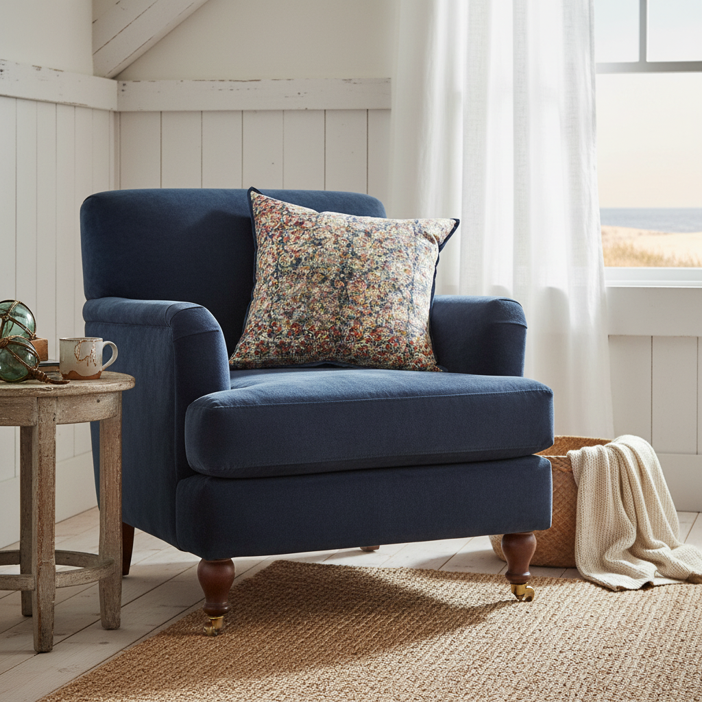 Rebel Garden cushion on deep navy velvet shabby chic chair