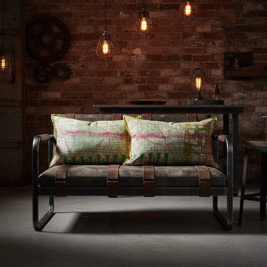 Industrial setting with moody lighting and artisan cushions