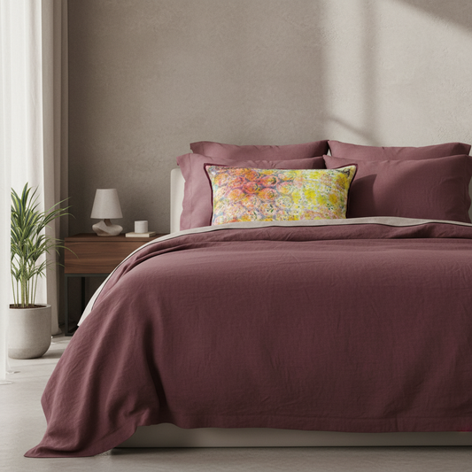 Lemon Grove cushion on dusky damson linen bed setting