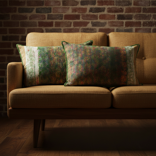 Mid-century modern sofa setting with hand-block printed cushions against brick wall