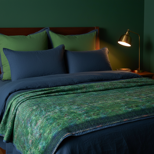 Emerald Forest Kantha quilt on moody emerald bed with moss euro pillows and navy bedding