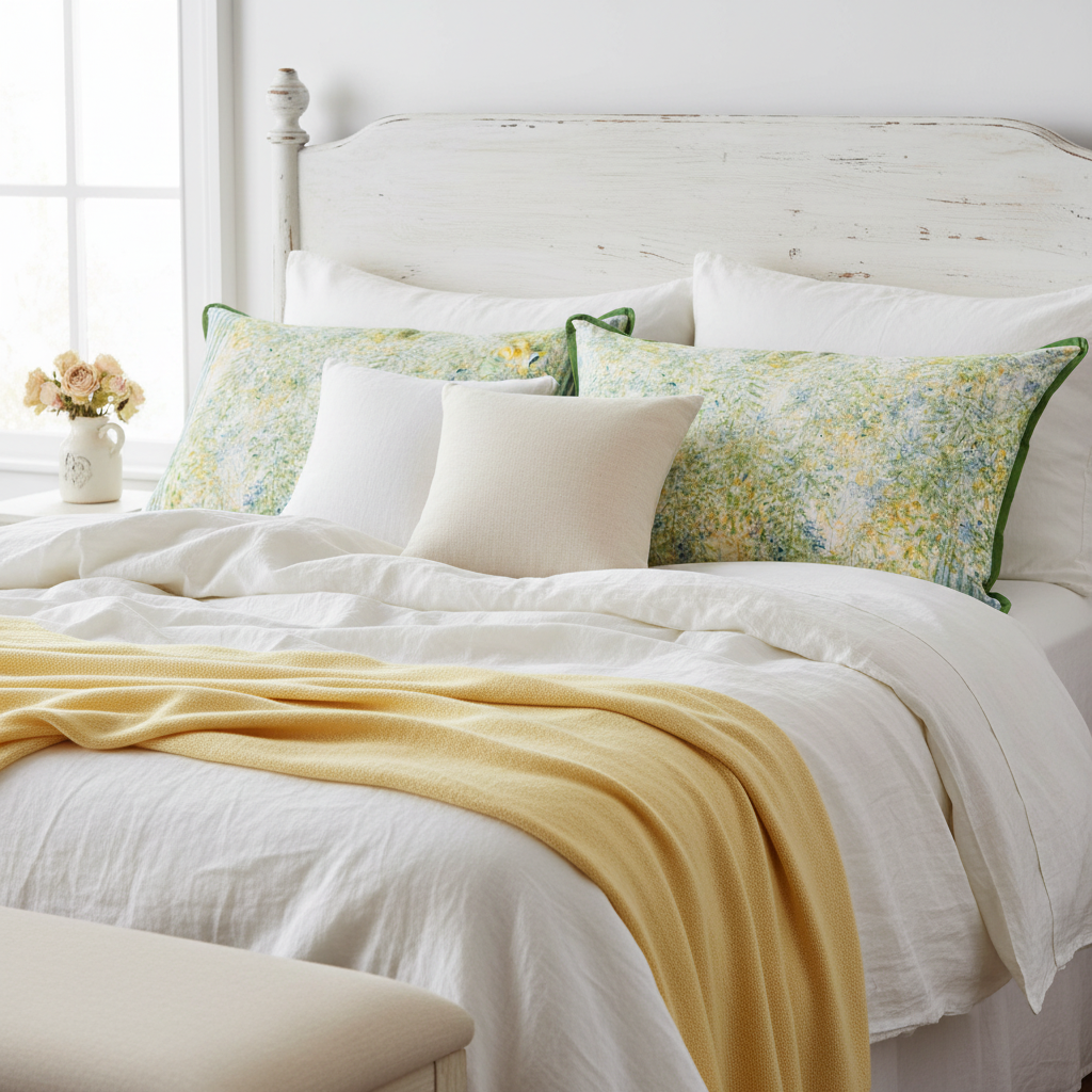 Shabby chic bed with Wild Meadow Wash cushions