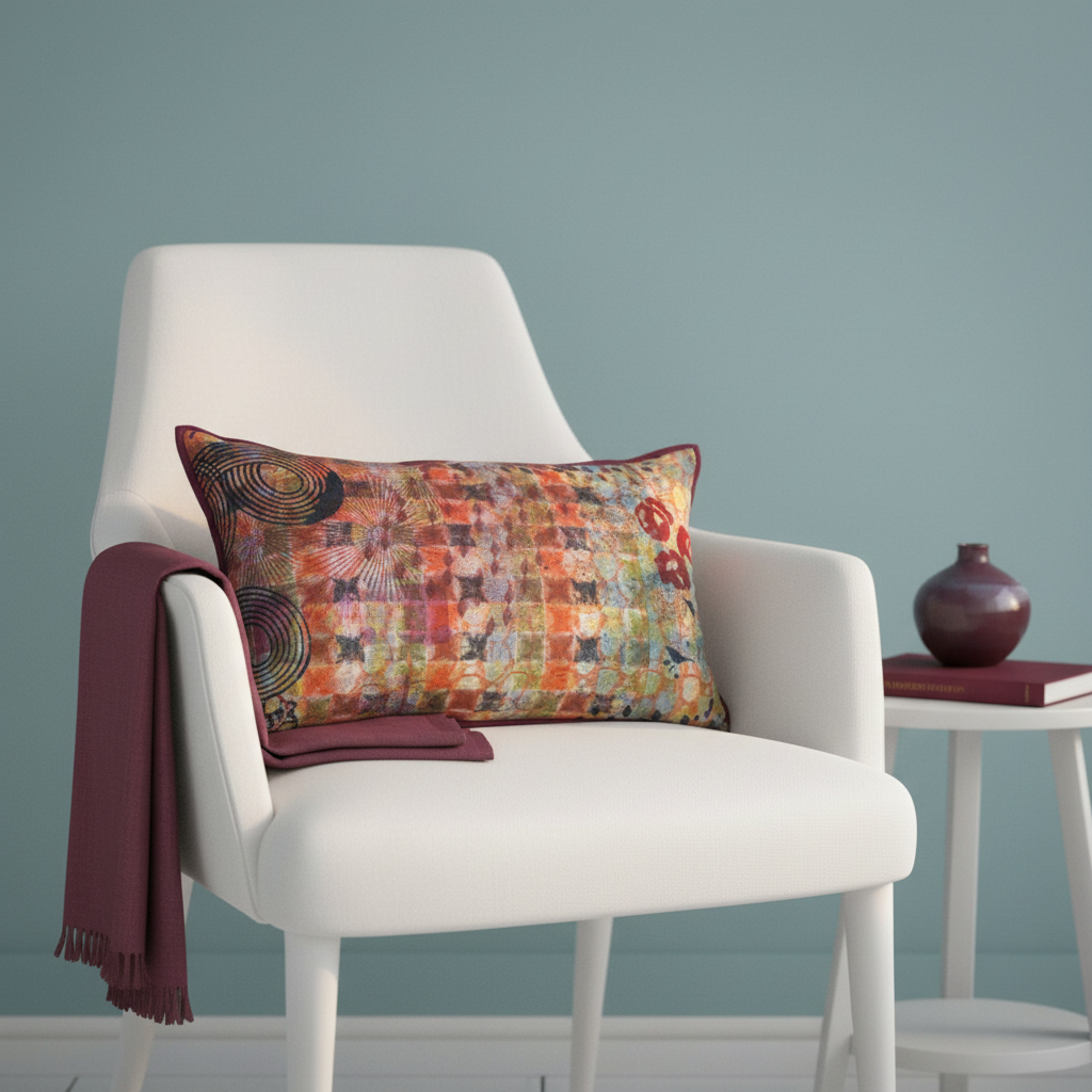 Checkmate Cosmos cushion on white designer chair with duck egg blue walls and damson accents