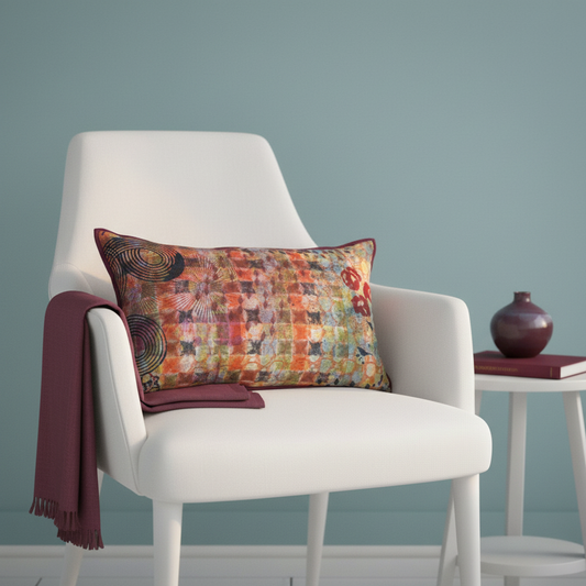 Checkmate Cosmos cushion on white designer chair with duck egg blue walls and damson accents