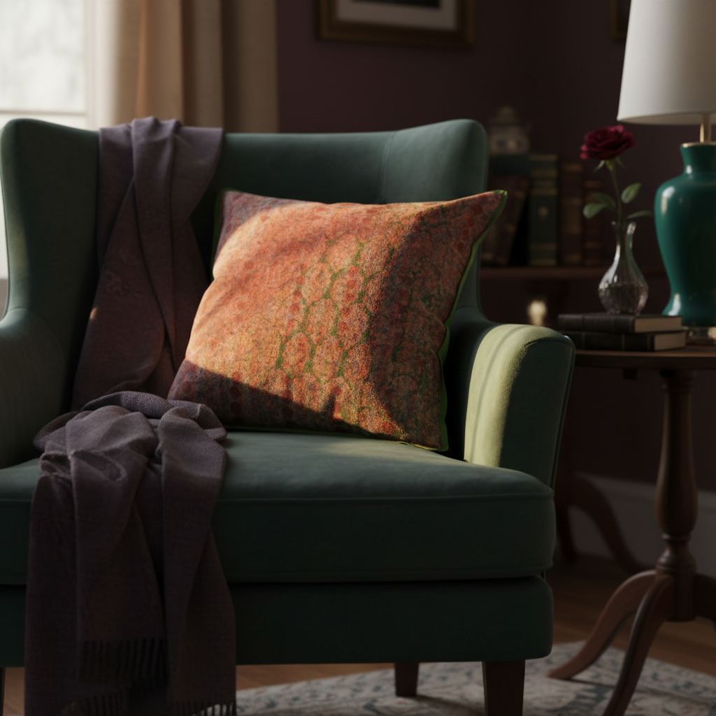 Rich moody setting with Coral Garden Trellis cushion on elegant chair