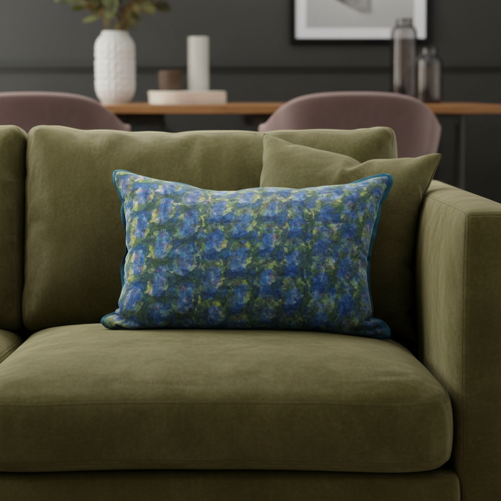 Single artisan cushion on deep olive velvet sofa