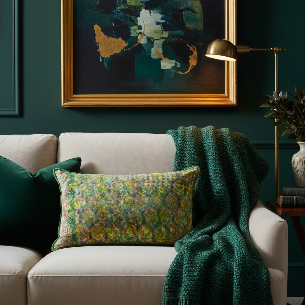 Luxury room setting with deep green accents