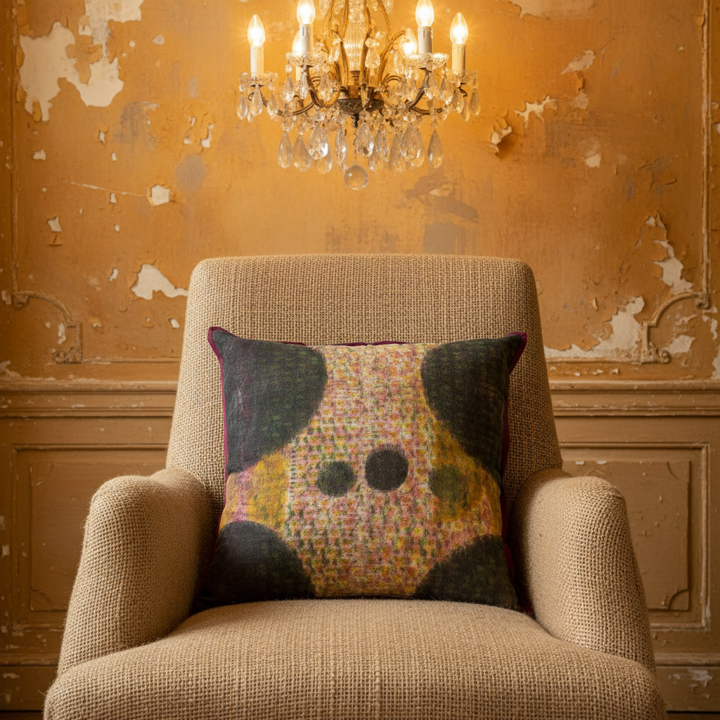 Artisan cushion on raw hessian French chair with ochre peeling walls and chandelier