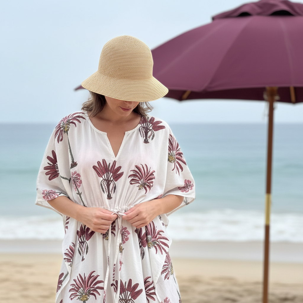 Close-up of burgundy palm kaftan on beach with plum umbrella and blue ocean