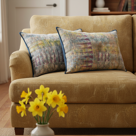 Faded Peaks cushions on muted ochre sofa with yellow daffodils
