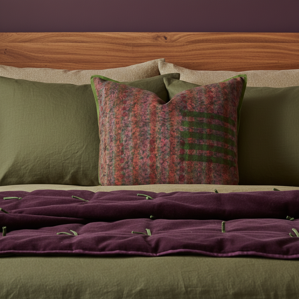Relaxed editorial bed setting with damson quilted velvet throw