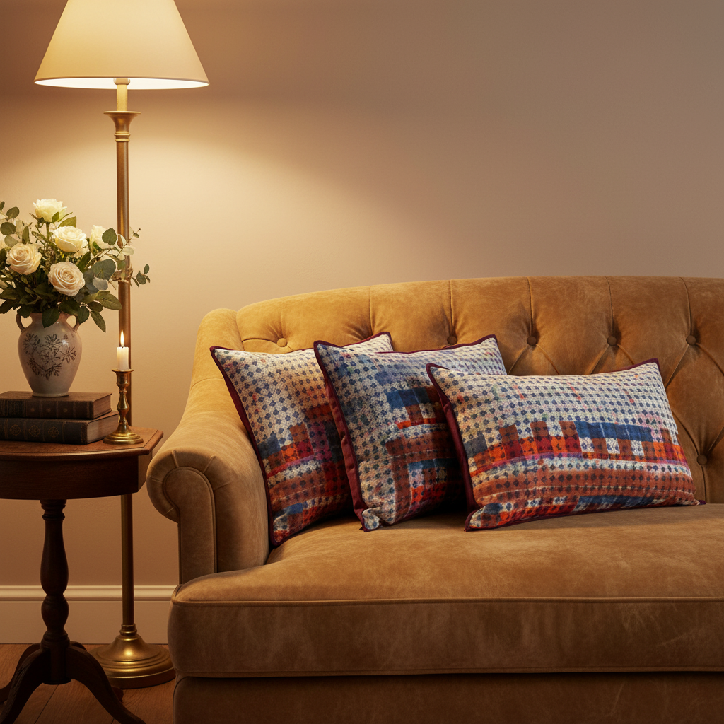 Deep tan vintage velvet sofa with three Kaleidoscope Fire cushions