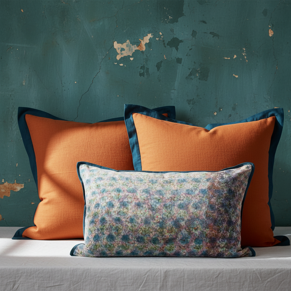 Two terracotta euro cushions with dark teal flange and underprint lumbar cushion against heavily aged teal wall, realistic folds and slouch
