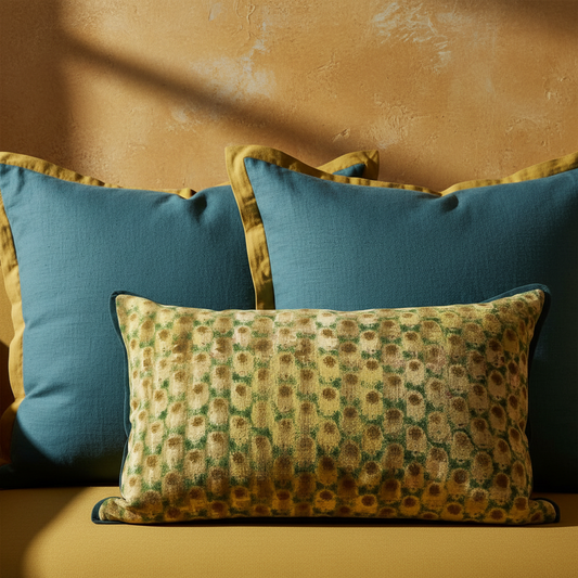 Two teal euro cushions with mustard flange and underprint lumbar cushion against aged mustard wall editorial shot