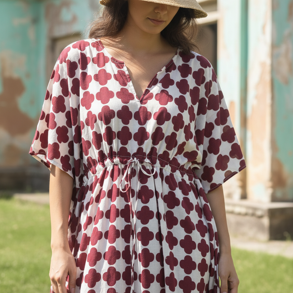 Kaftan with maroon and white geometric pattern in Indian ruins setting
