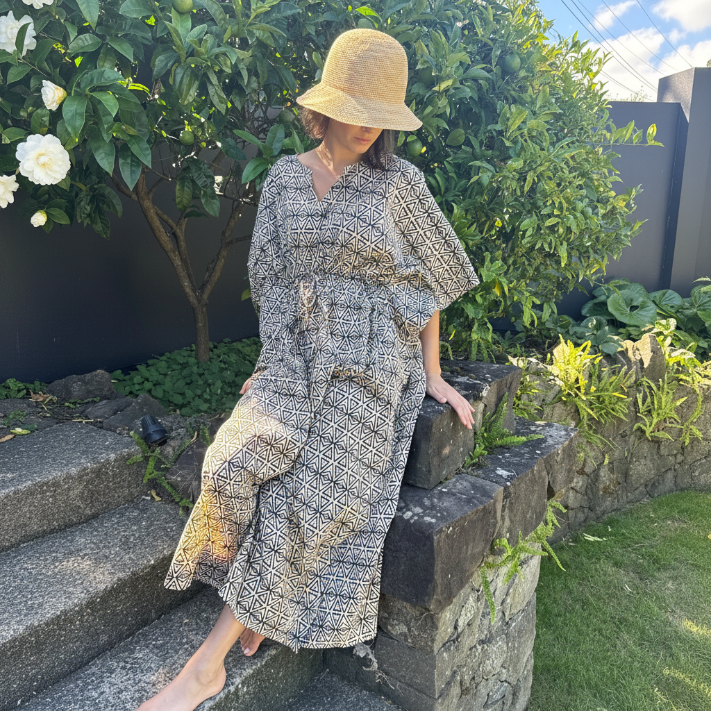 Woman sitting on stone wall in garden with white camellias wearing kaftan