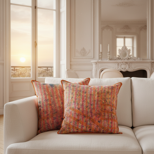 Jaipur Sunset cushions on white linen French sofa at sunset