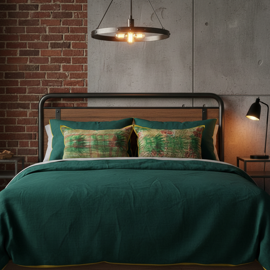 Industrial luxury bed with emerald linen and artisan cushion pair
