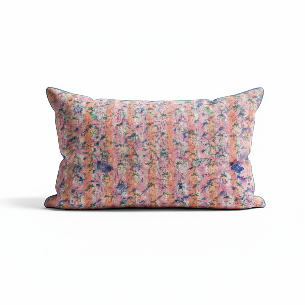 Feather-filled cushion with rich, saturated colours on white background