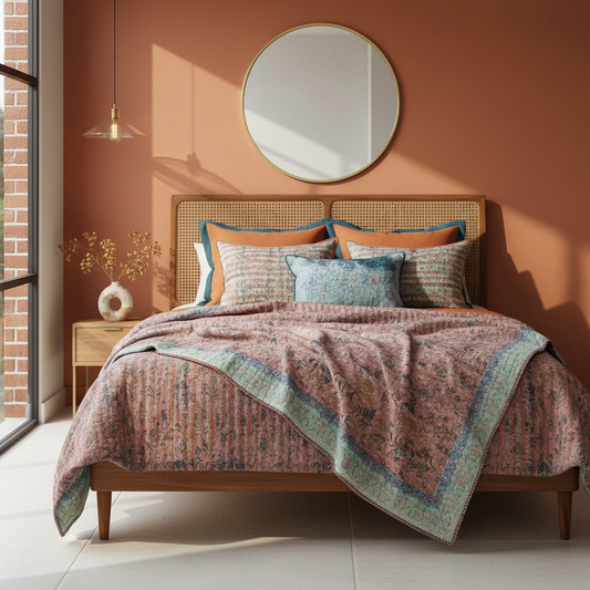 Full Kantha Dohar Quilt draped over bed in mid-century setting with teak rattan headboard, dusty rose floral fabric with teal border strips and terracotta binding