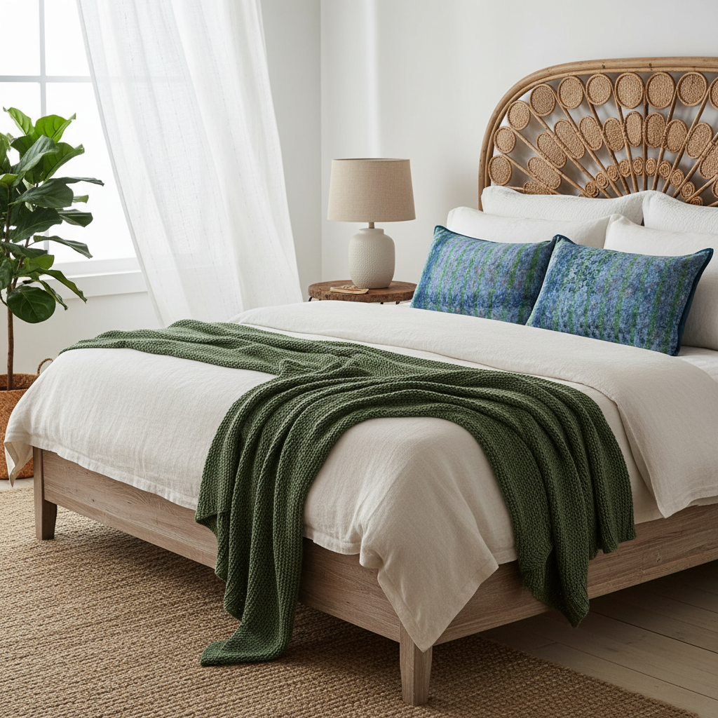 Beach vibe bed setting with forest green accents and artisan cushions