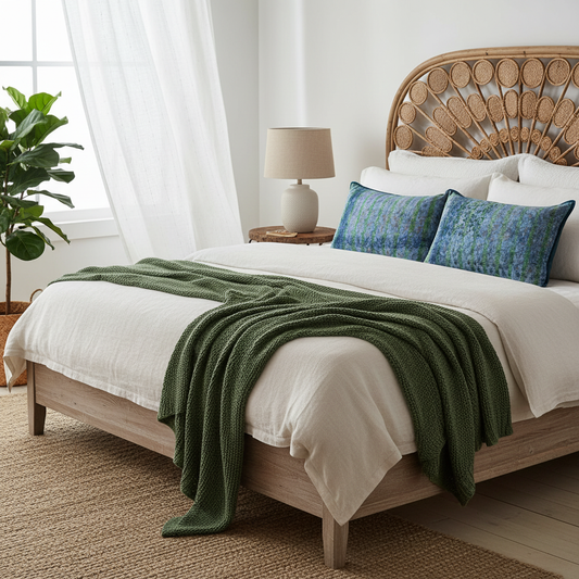 Beach vibe bed setting with forest green accents and artisan cushions