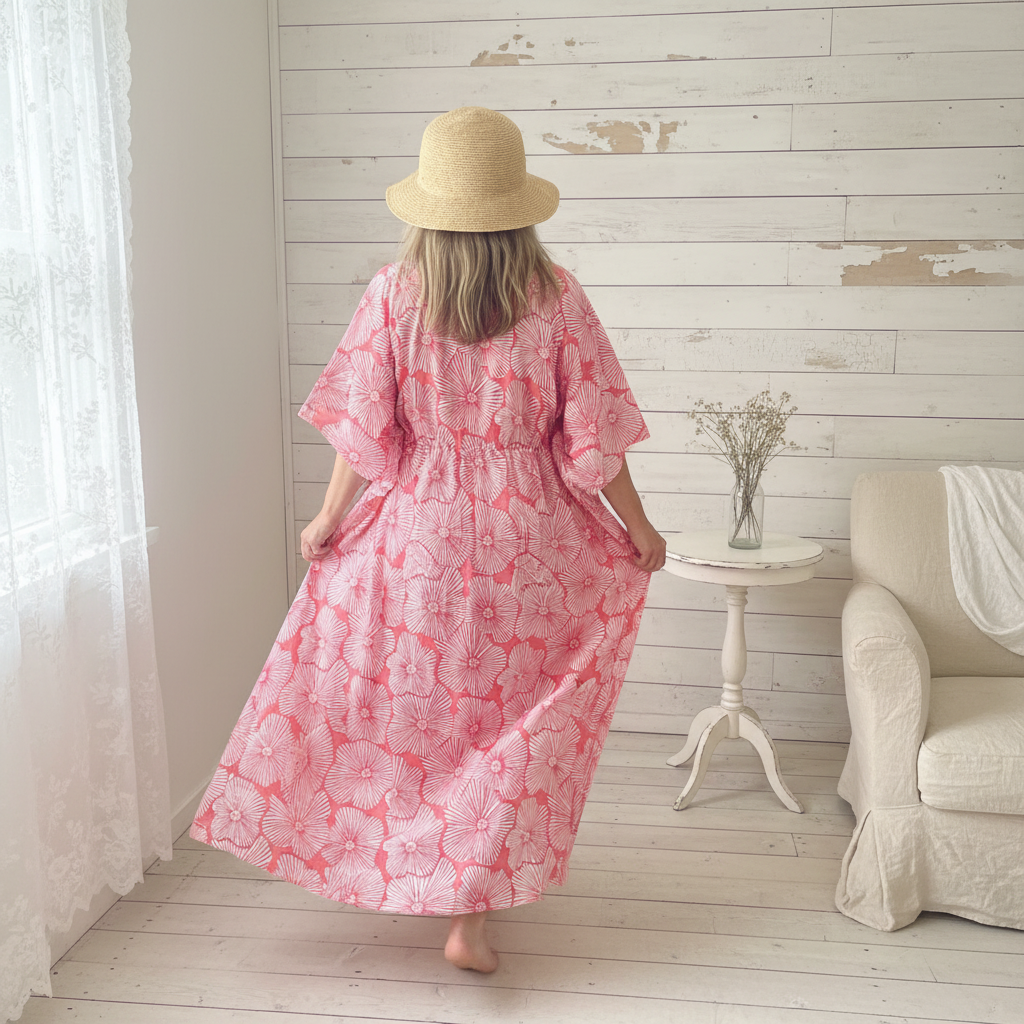 Woman walking away in coral lilypad kaftan shabby chic setting