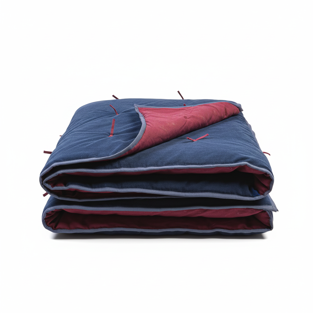 Folded iris blue velvet quilt with damson pink linen backing