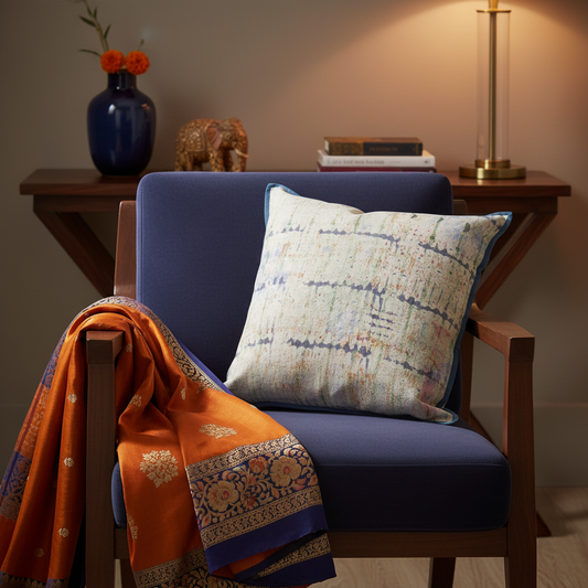 Modern Indian-inspired chair with Matrix Light cushion - exact pattern fidelity