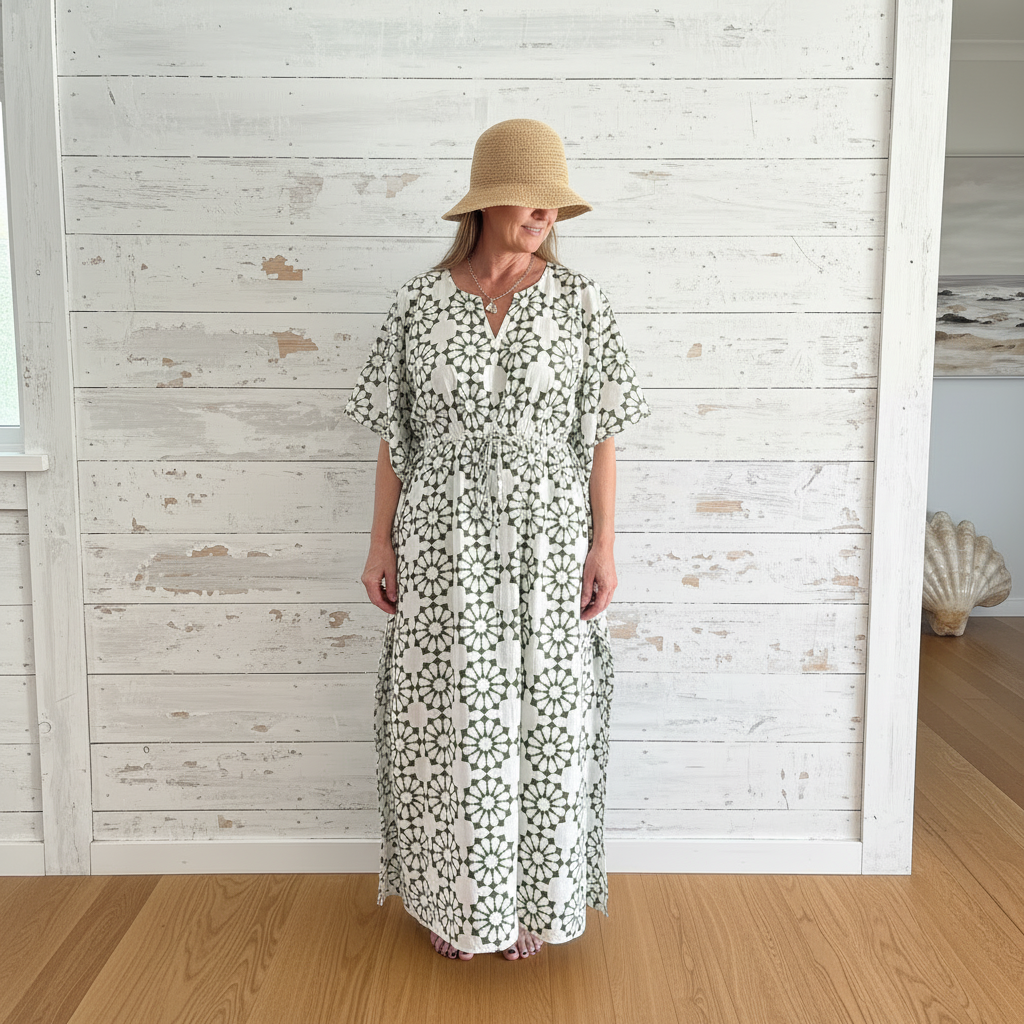 Olive green daisy kaftan beach house lifestyle shot