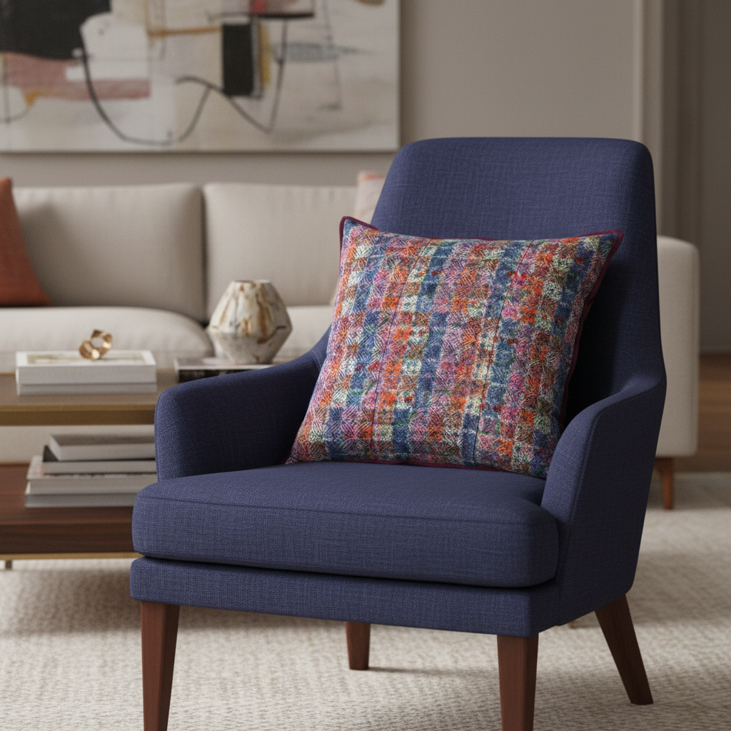 Modern deep indigo raw linen chair with Kaleidoscope Spectrum cushion