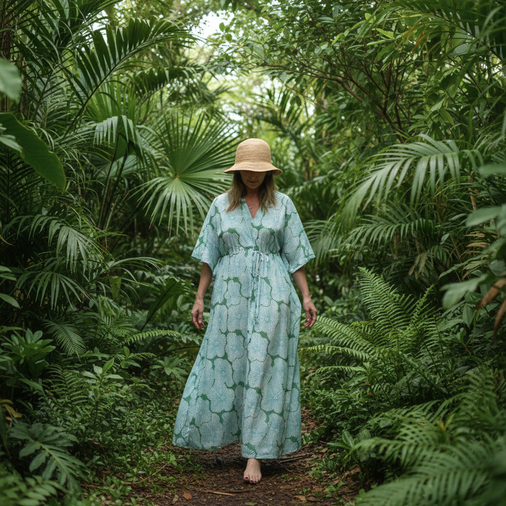 Woman in palm leaf kaftan walking through tropical greenery