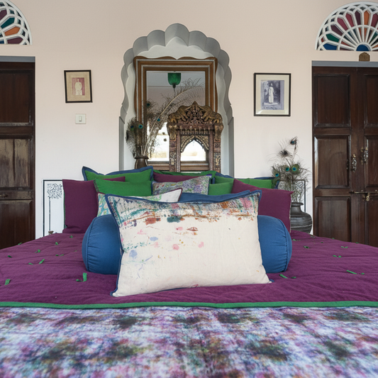 Modern Indian-inspired bedroom with Matrix White Out cushion