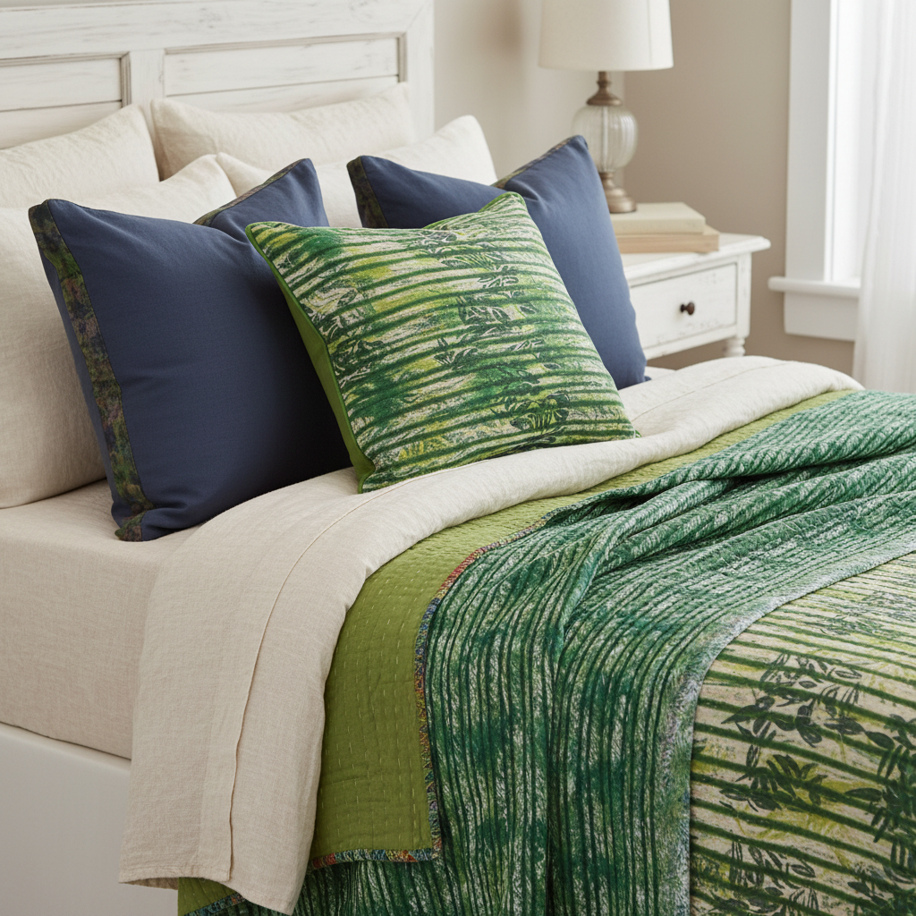 Bamboo Forest Kantha quilt on shabby chic bed with matching cushion and navy box cushions