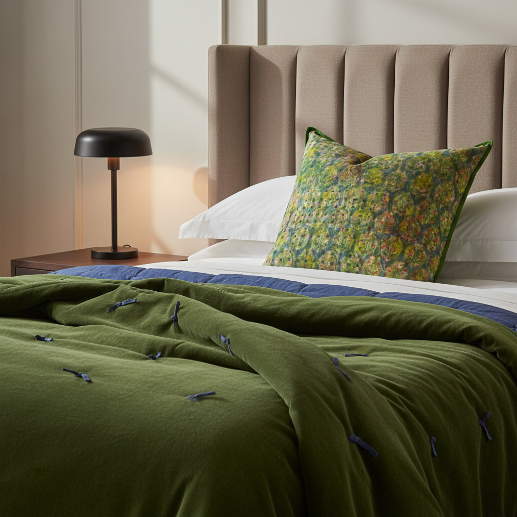 Meadow Dot cushion in luxury bedroom with thick moss velvet quilt and iris blue knots