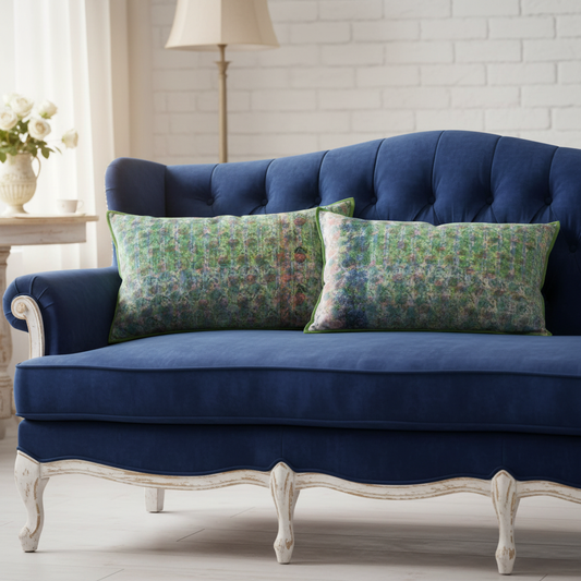 Artisan cushions on luxury deep blue velvet shabby chic sofa