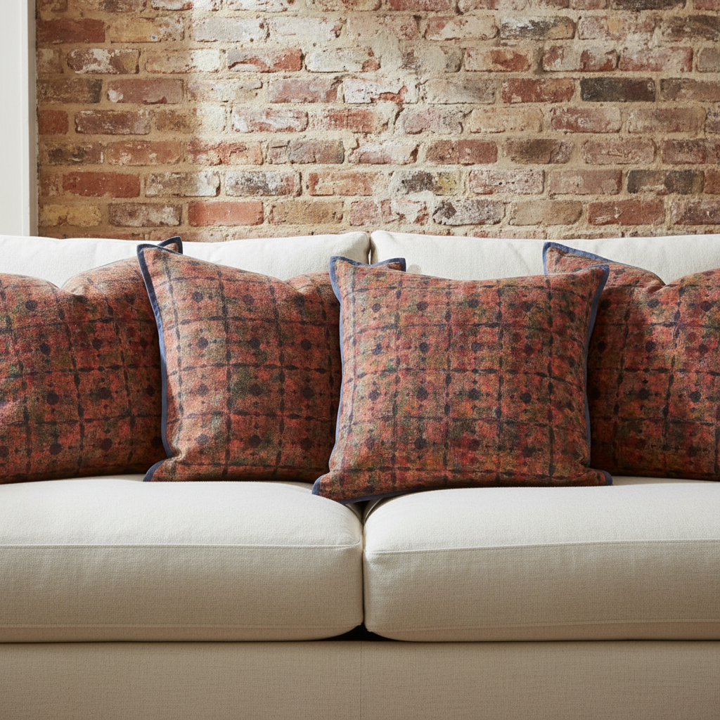 Five Indigo Grid cushions styled on luxury neutral sofa against brick wall