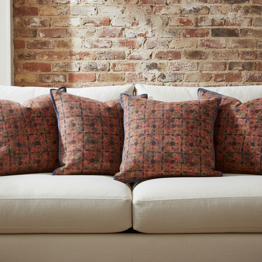 Five Indigo Grid cushions styled on luxury neutral sofa against brick wall