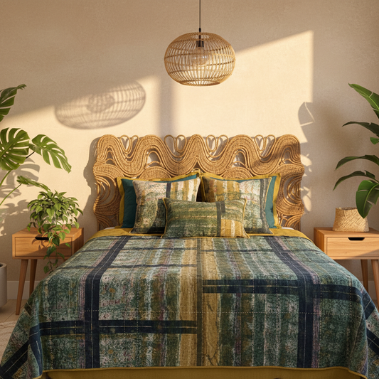 Mid-century editorial lifestyle - kantha quilt with rattan headboard and tropical plants