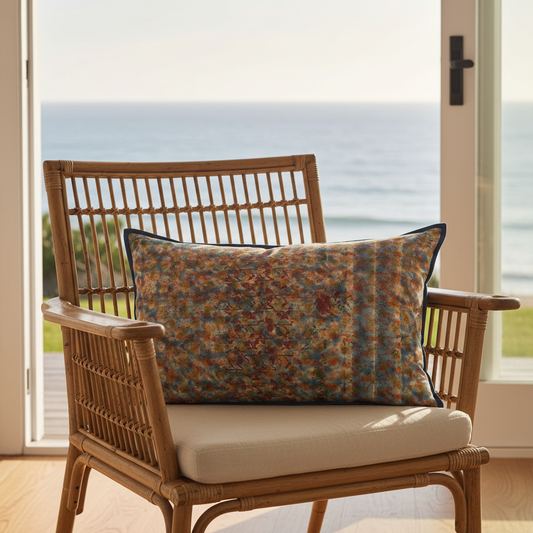 Cushion cover coastal beach chair setting with sea visible