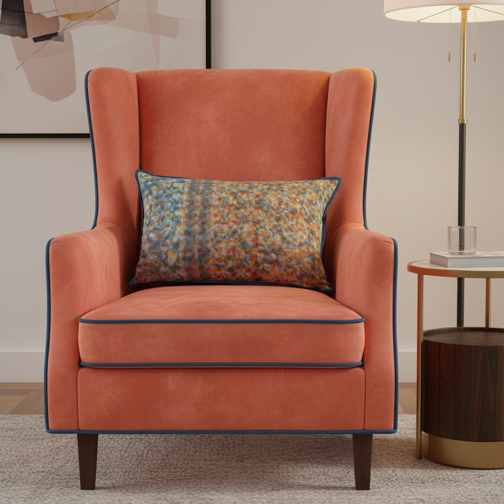 Artisan cushion on coral velvet wingback chair with denim blue piping
