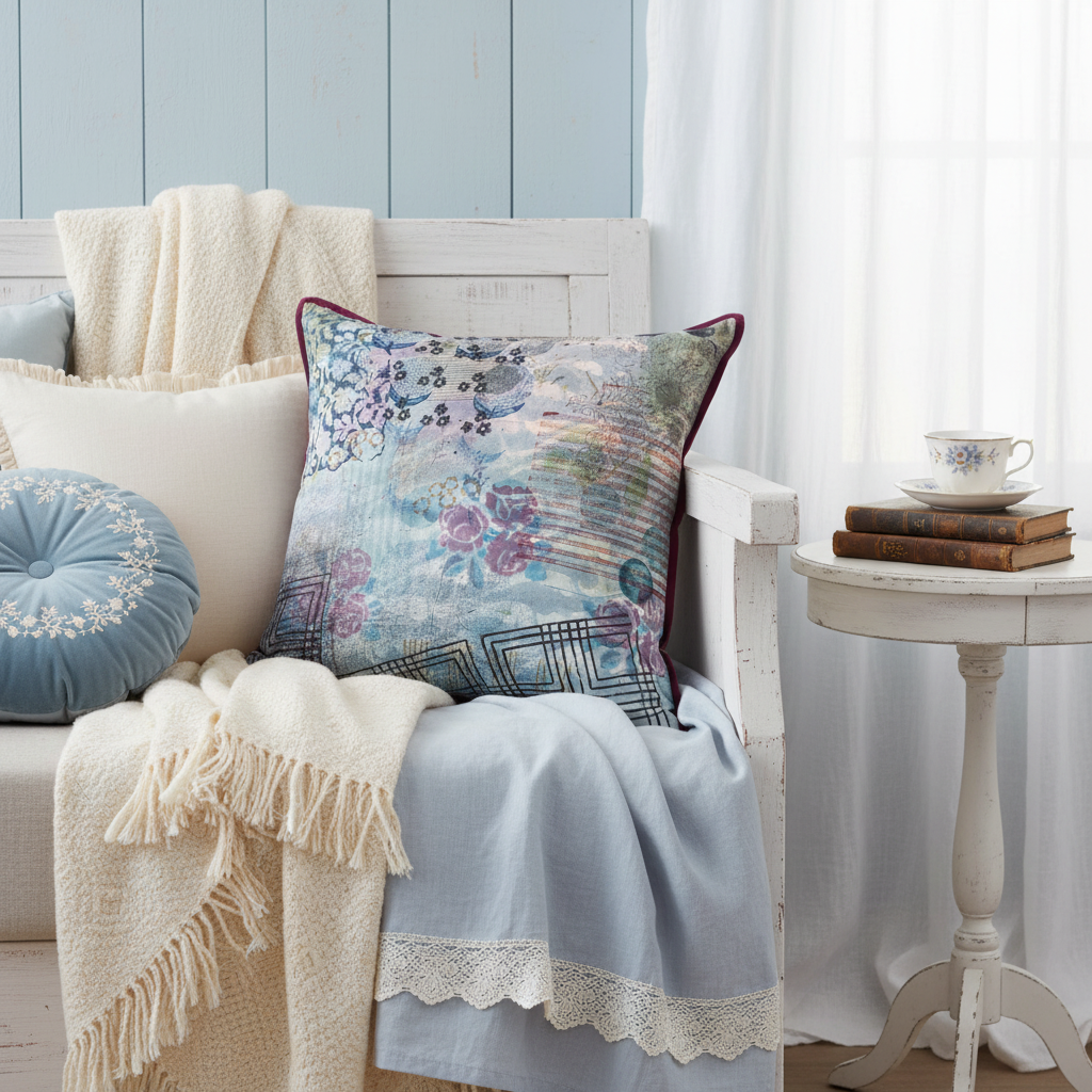 Artisan cushion in shabby chic blue and white setting