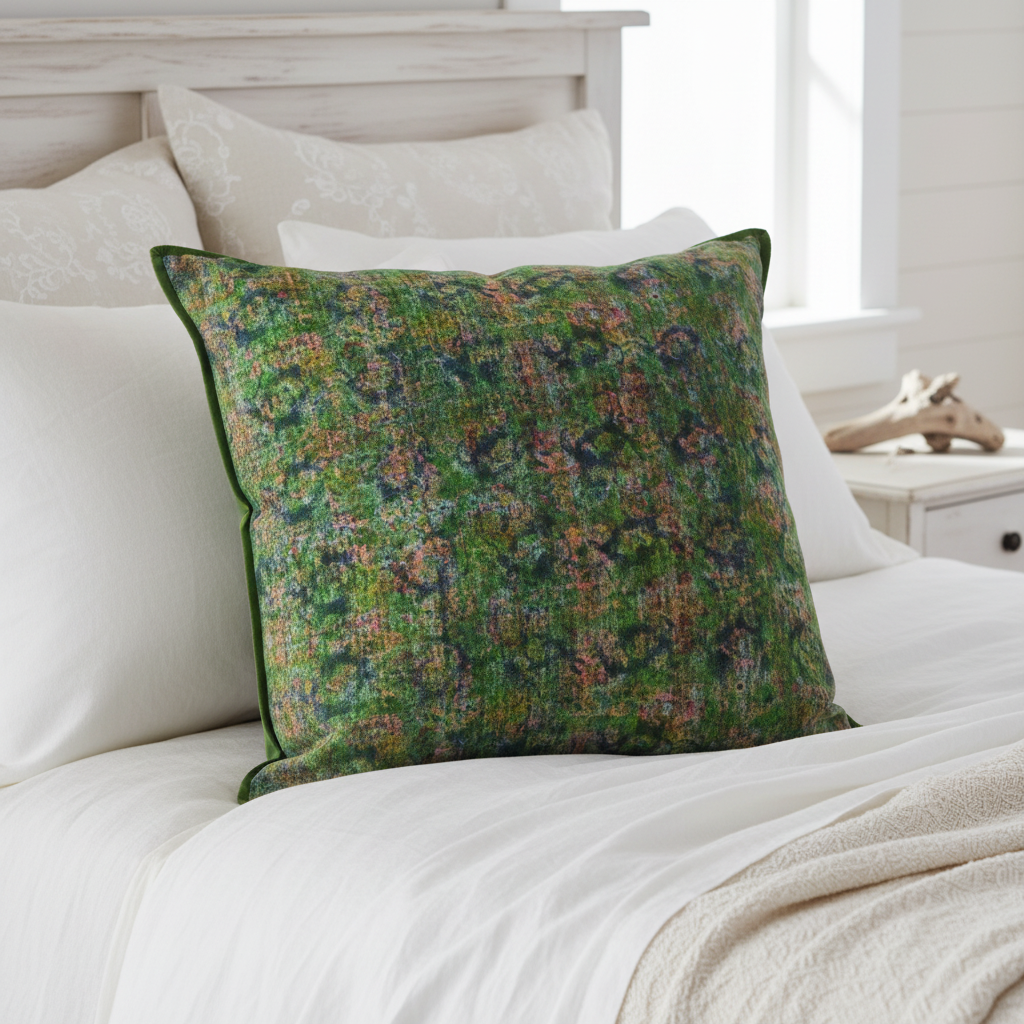 Emerald Garden cushion on shabby chic beach bed setting