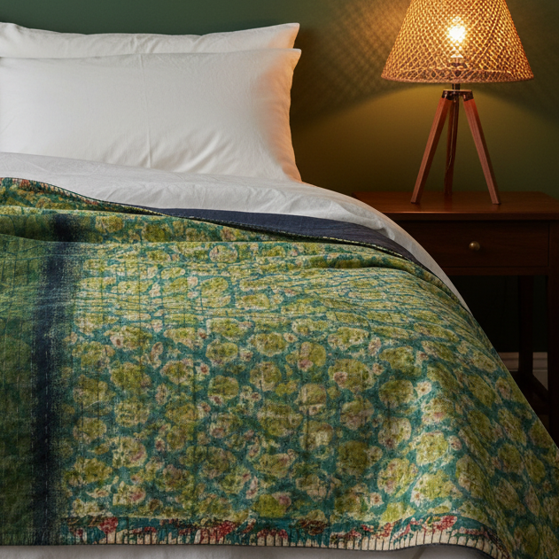 Full Kantha Dohar Quilt draped over bed showing electric teal and green pebble pattern, floral border edge, iris blue reverse and fine blanket stitch