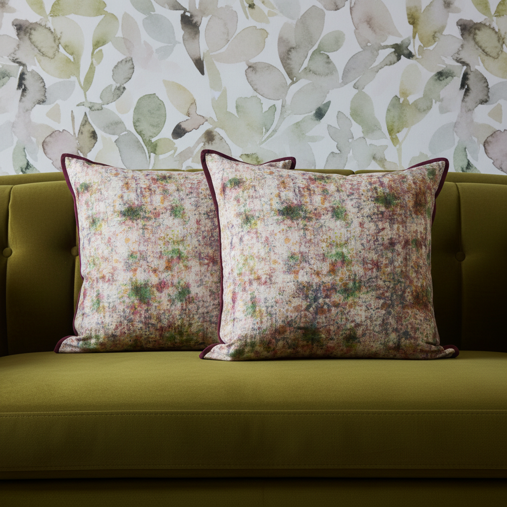 Editorial hero shot with artisan cushions on olive green sofa with Inaya Aurora wallpaper