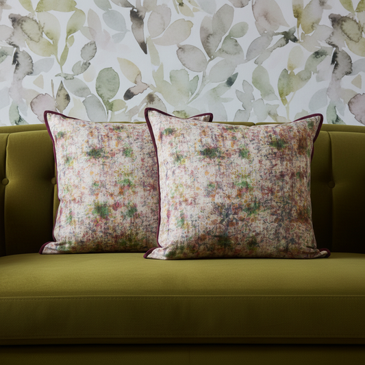 Editorial hero shot with artisan cushions on olive green sofa with Inaya Aurora wallpaper