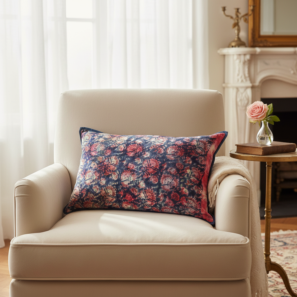 Cerise Blooms cushion on romantic chair setting