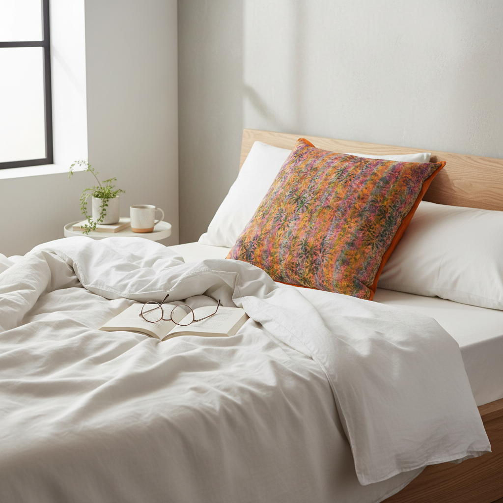 Artisan cushion in lived-in modern bedroom setting