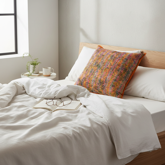 Artisan cushion in lived-in modern bedroom setting