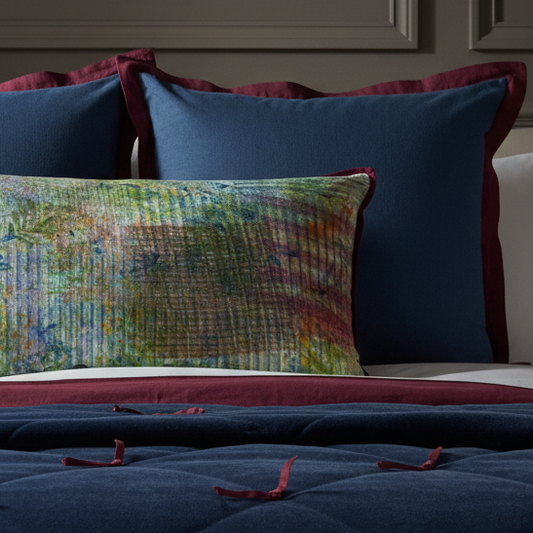 Moody luxury bed setting with garden pattern cushion and iris blue velvet